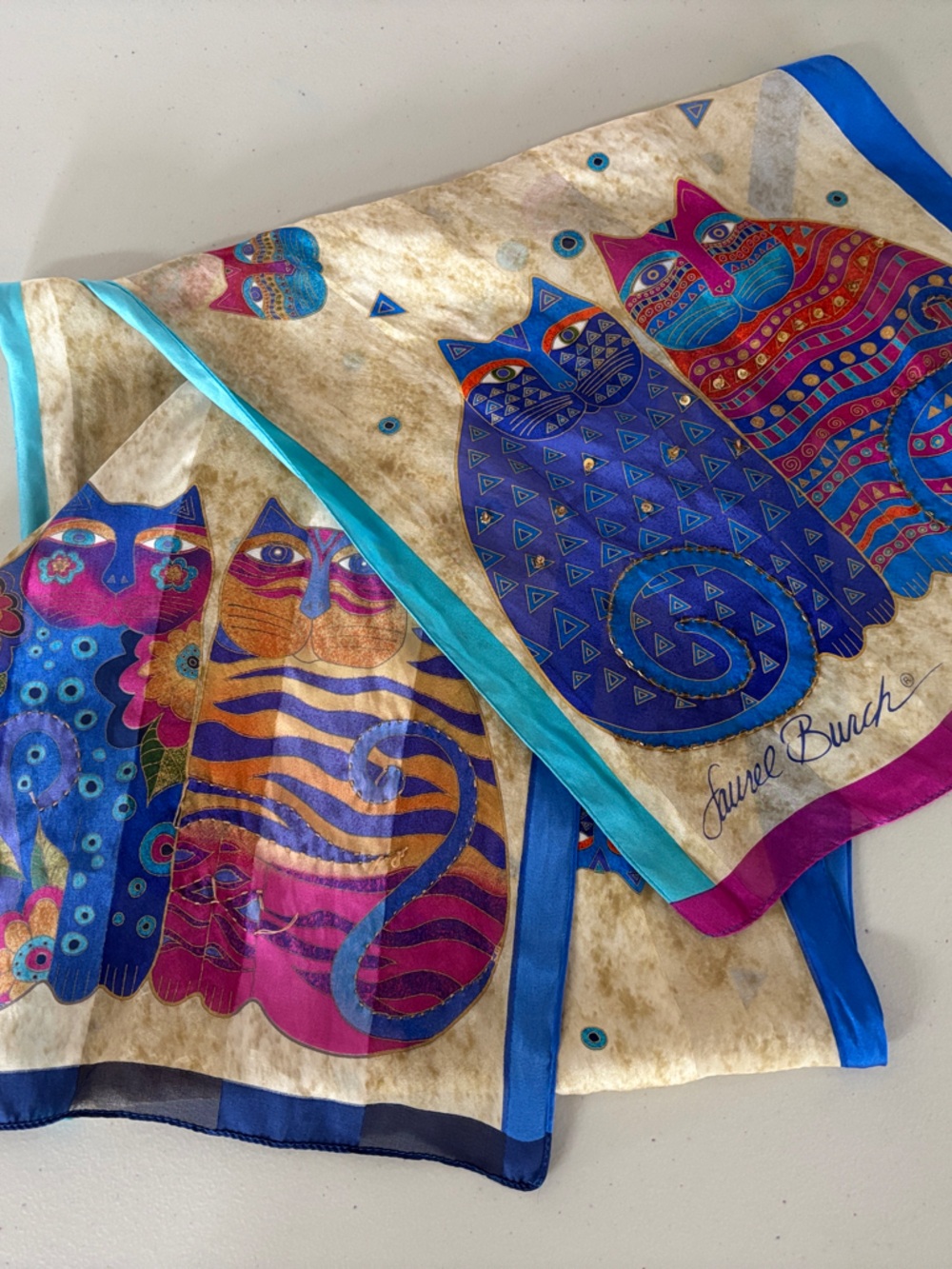 Laurel Burch Multicolor Cat Print Sheer Scarf — Blue, Teal, Pink, Cream